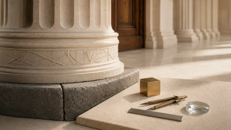 Stone column, brass cube, and drafting instruments representing strong foundations and practical capability