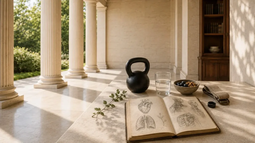 A kettlebell and open sketchbook resting on a marble floor beneath classical columns